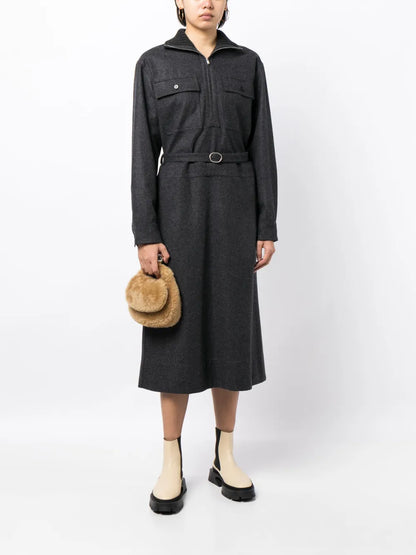 Long-Sleeve Belted Midi Shirtdress
