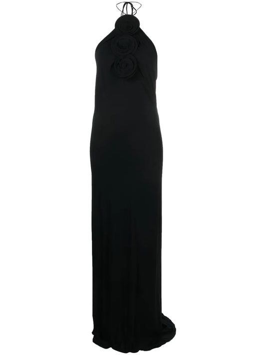 Floral-Appliqué Halterneck Maxi Dress