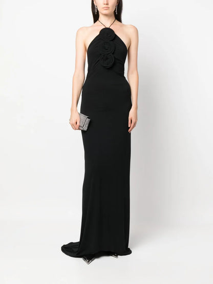 Floral-Appliqué Halterneck Maxi Dress
