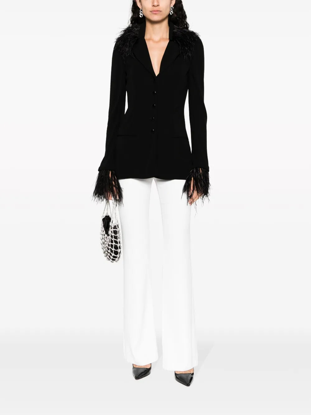 Goose-Feather Trim Button-Up Jacket