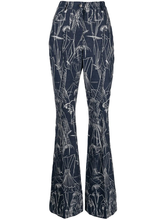 Sketch-Print Flared Jeans