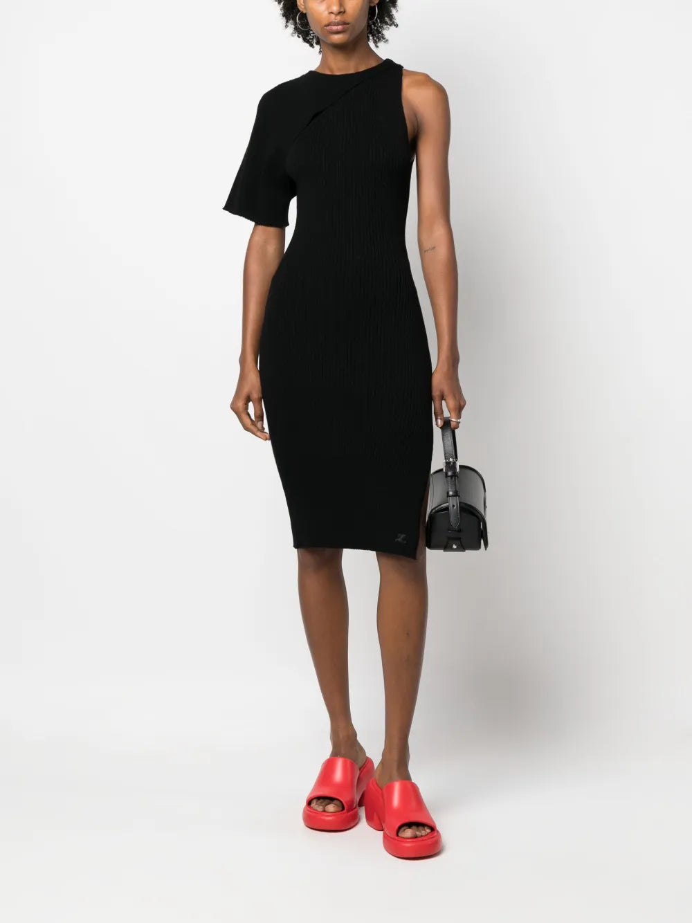 Asymmetric Ribbed-Knit Midi Dress
