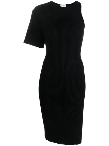 Asymmetric Ribbed-Knit Midi Dress