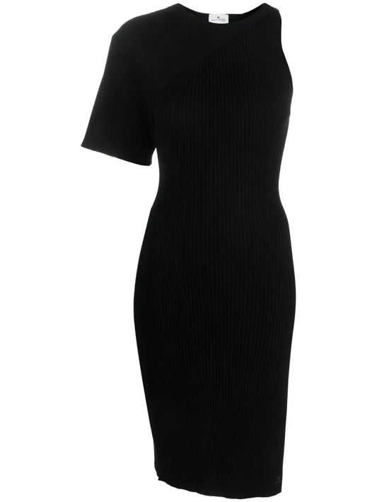 Asymmetric Ribbed-Knit Midi Dress