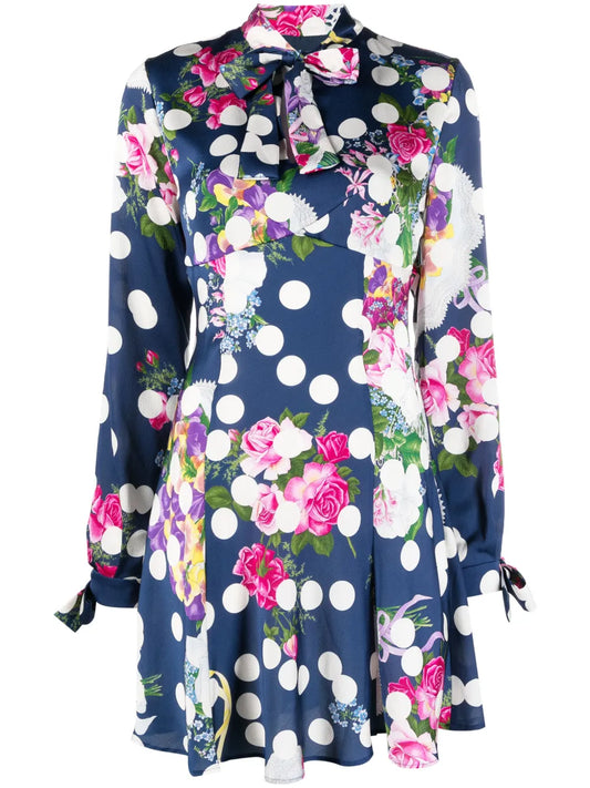 Polka-Dot Pattern Pussy-Bow Minidress