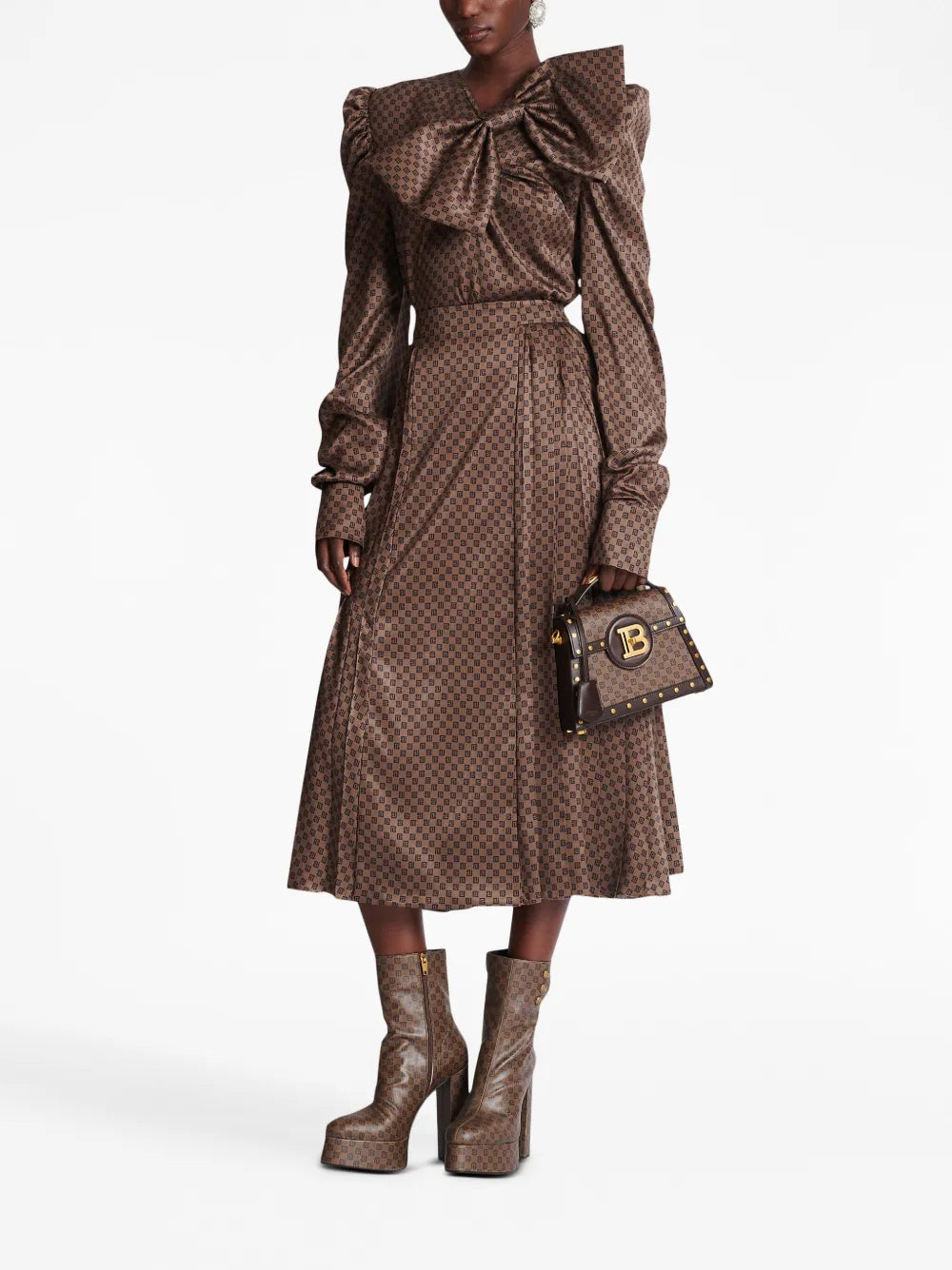 Monogram-Print Pleated Midi Skirt