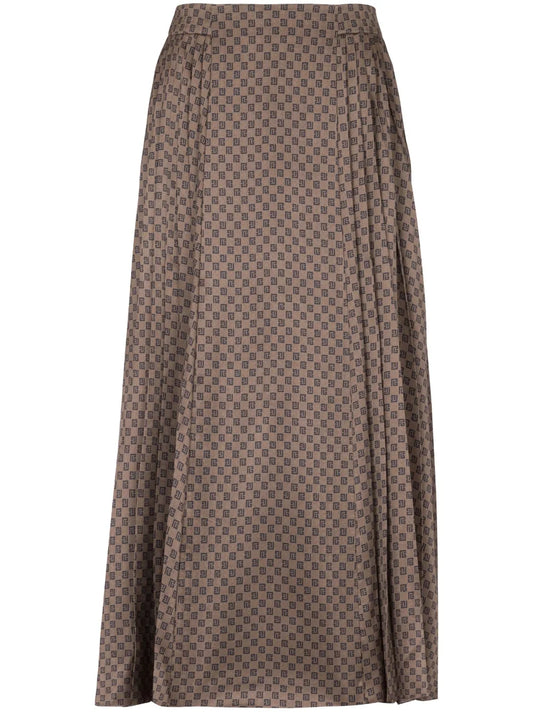 Monogram-Print Pleated Midi Skirt