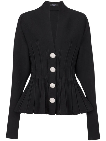 Rib-Knit Pleated Cardigan