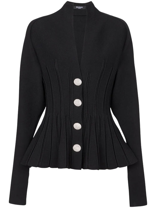 Rib-Knit Pleated Cardigan