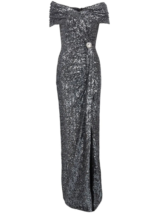 Off-Shoulder Sequin-Embellished Gown
