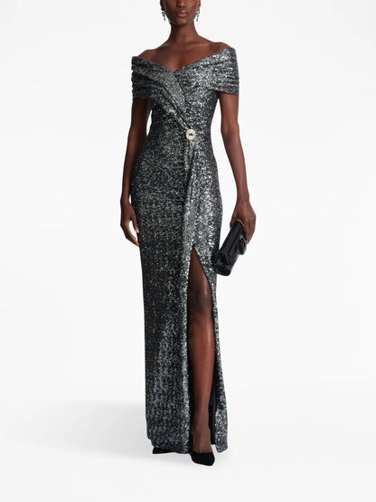 Off-Shoulder Sequin-Embellished Gown