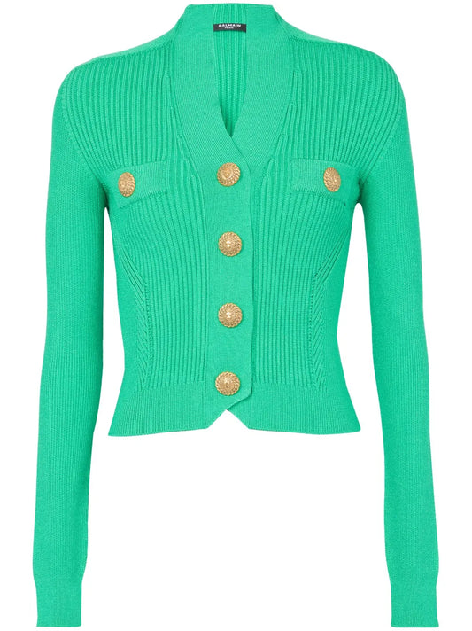 Buttoned Ribbed-Knit Cardigan