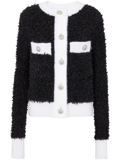 Bouclé Contrasting-Trim Knitted Cardigan