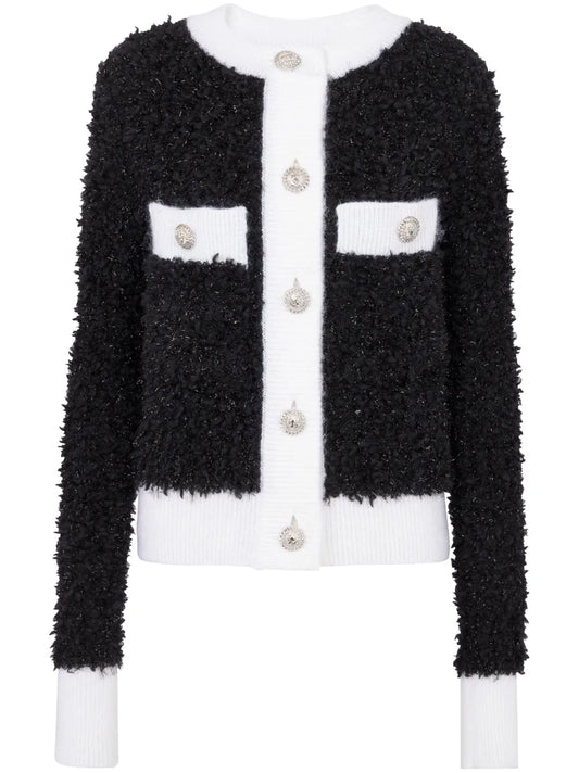 Bouclé Contrasting-Trim Knitted Cardigan