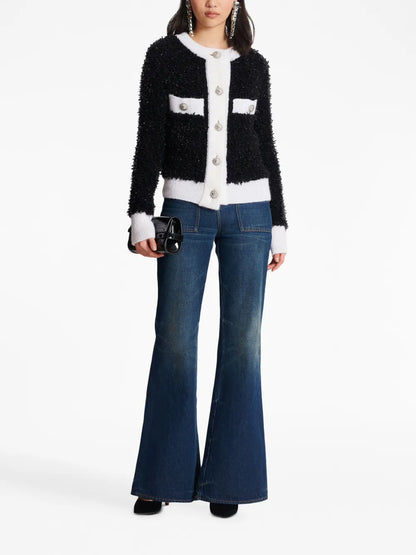 Bouclé Contrasting-Trim Knitted Cardigan