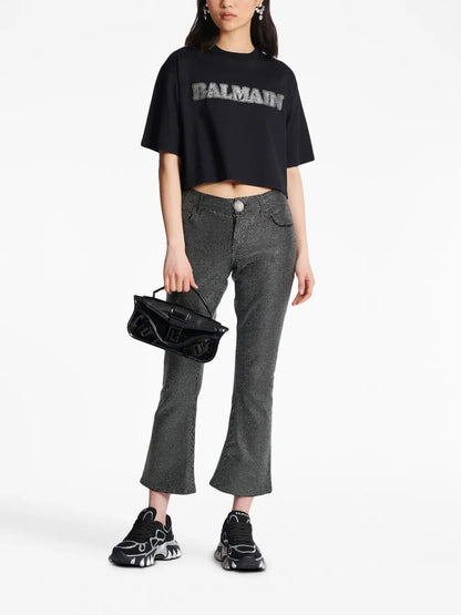 Rhinestone-Logo Cropped Cotton T-Shirt