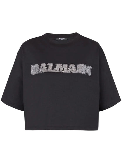 Rhinestone-Logo Cropped Cotton T-Shirt