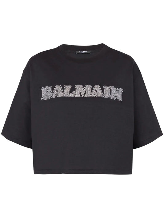 Rhinestone-Logo Cropped Cotton T-Shirt