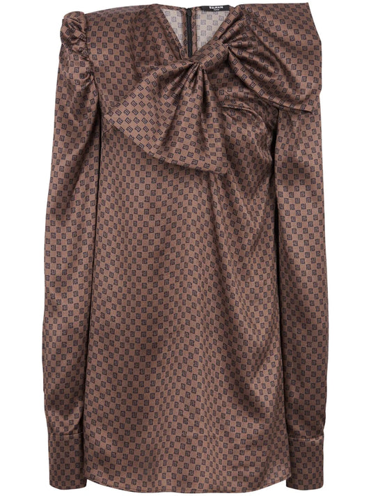 Bow-Embellished Monogram-Print Minidress