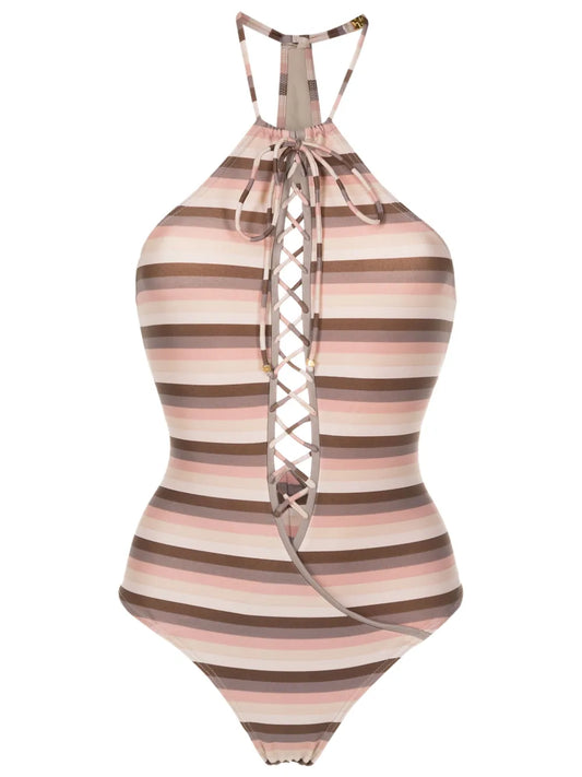 Striped Lace-Up Swimsuit