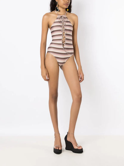 Striped Lace-Up Swimsuit