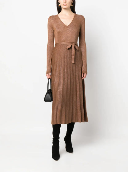 Long-Sleeve Pleated Midi Dress