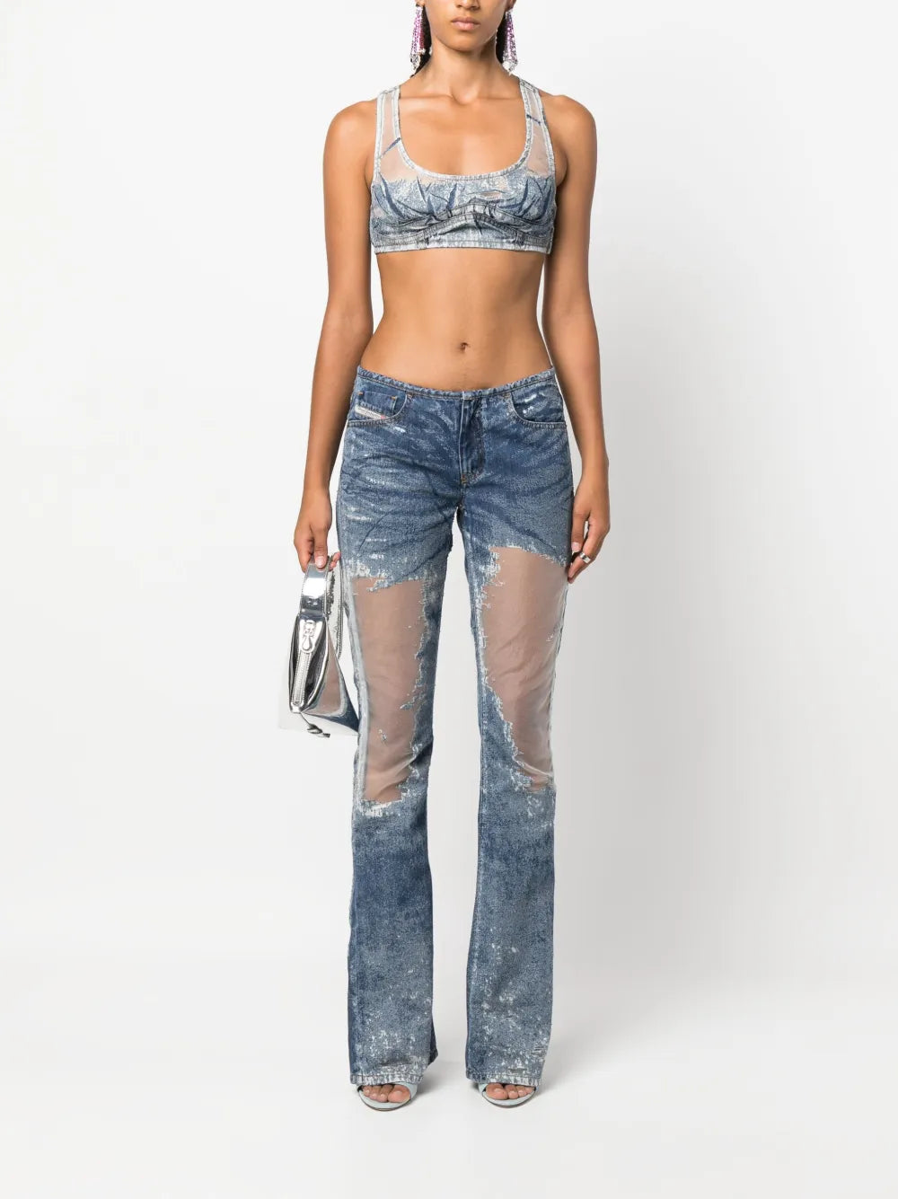 Denim-Patchwork Mesh Top