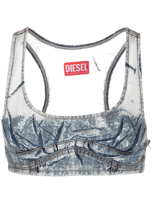 Denim-Patchwork Mesh Top
