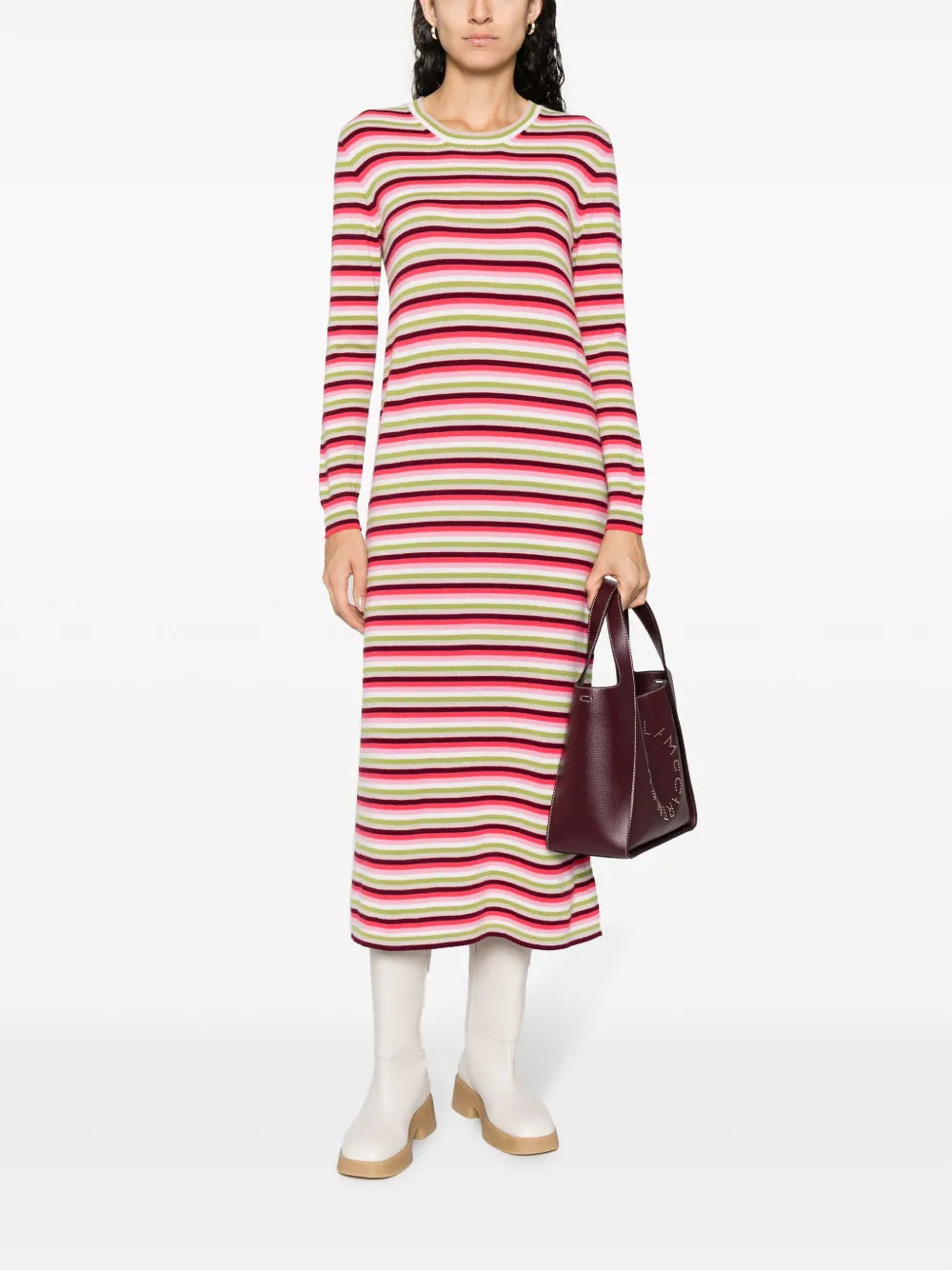 Striped Round-Neck Cashmere Midi Dress