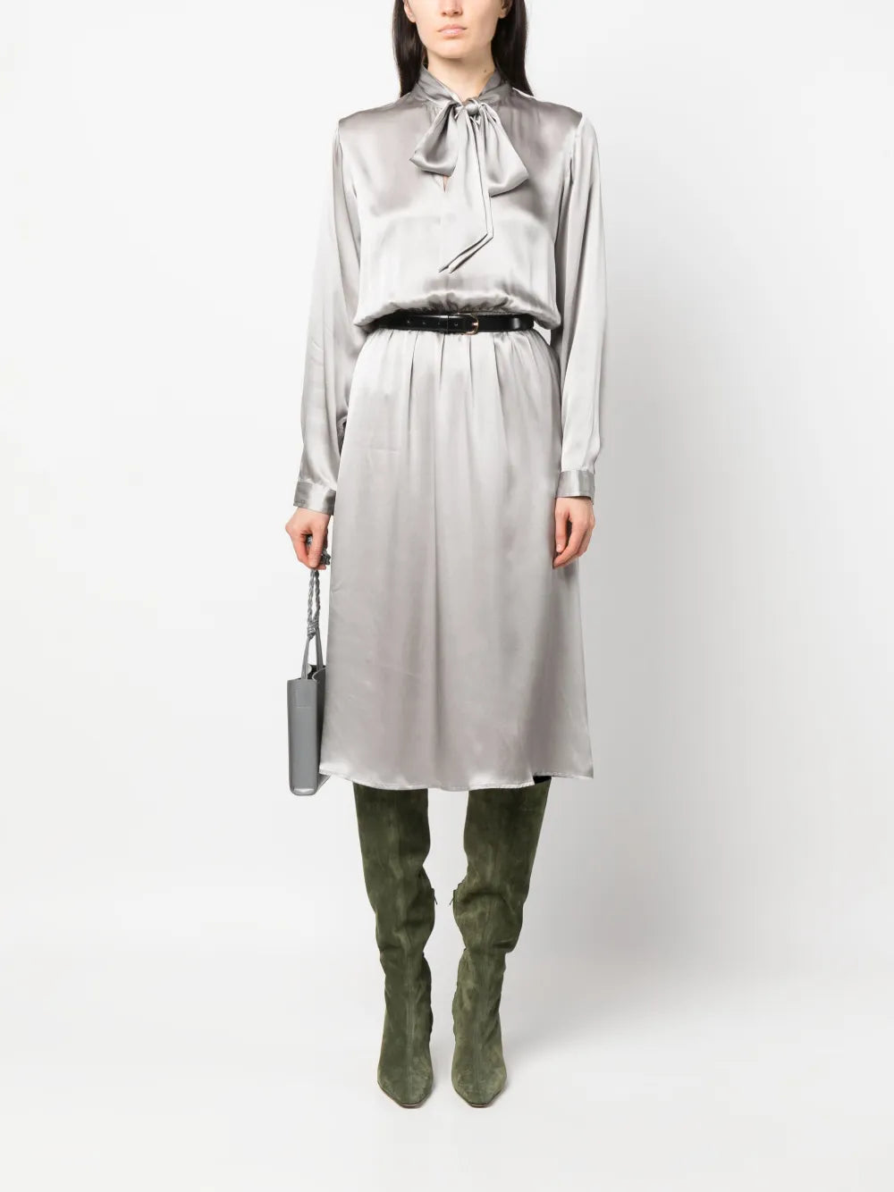Bow-Collar Silk Midi Dress