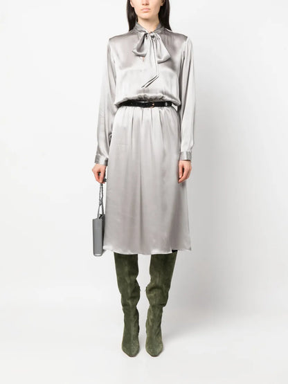 Bow-Collar Silk Midi Dress