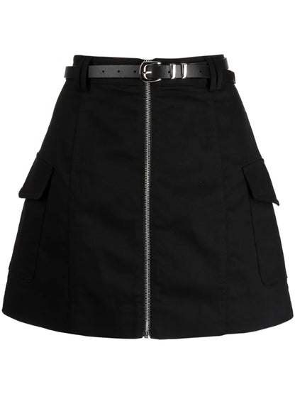 Belted Zip-Up A-Line Skirt