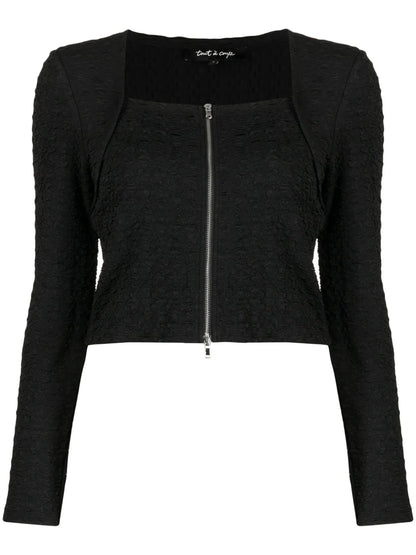 Cropped Seersucker Zip-Up Top