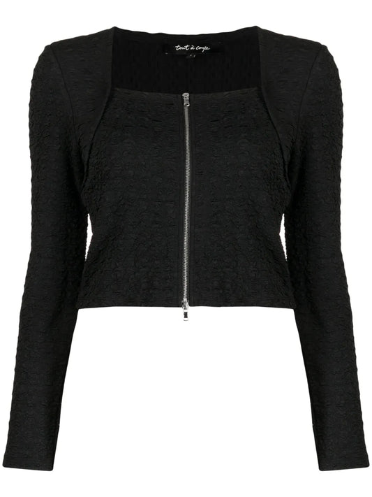 Cropped Seersucker Zip-Up Top