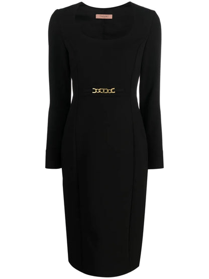Chain Link-Detail Long-Sleeve Dress