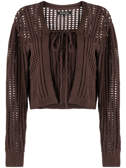 Ribbed-Trim Drawstring Cardigan