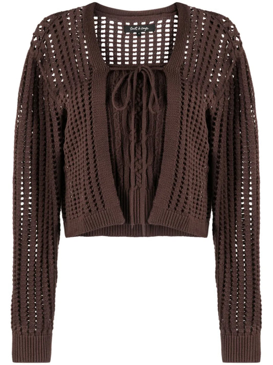 Ribbed-Trim Drawstring Cardigan