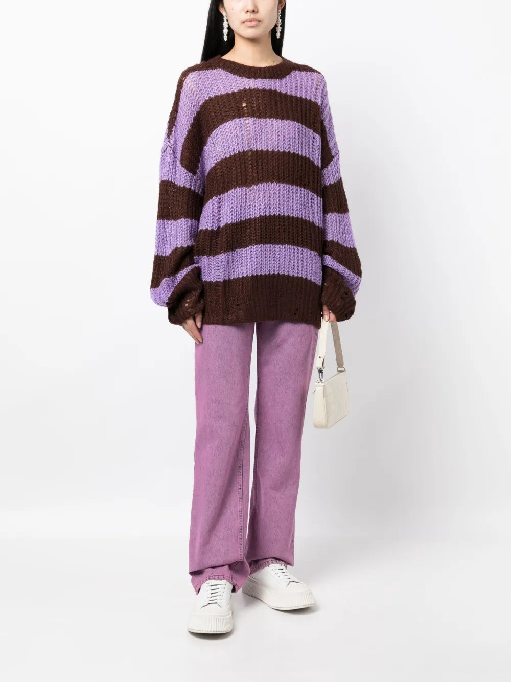 Distressed Striped Waffle-Knit Jumper