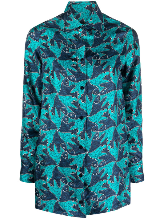 Fish-Pattern Silk Shirt