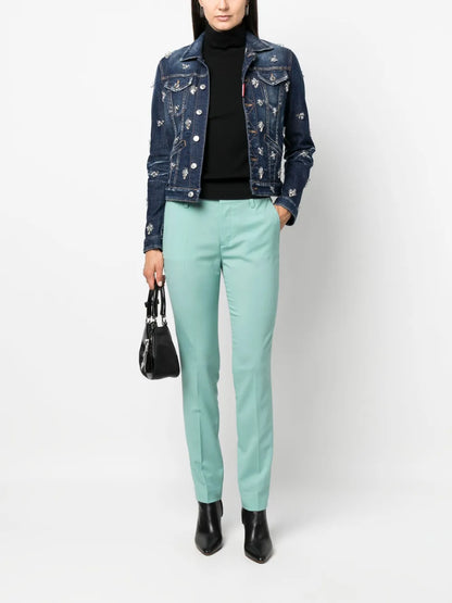 Crystal-Embellished Cropped Denim Jacket