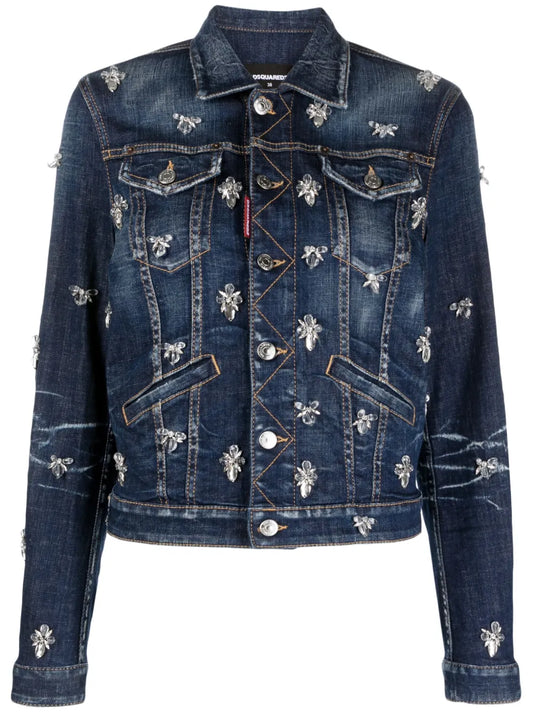 Crystal-Embellished Cropped Denim Jacket