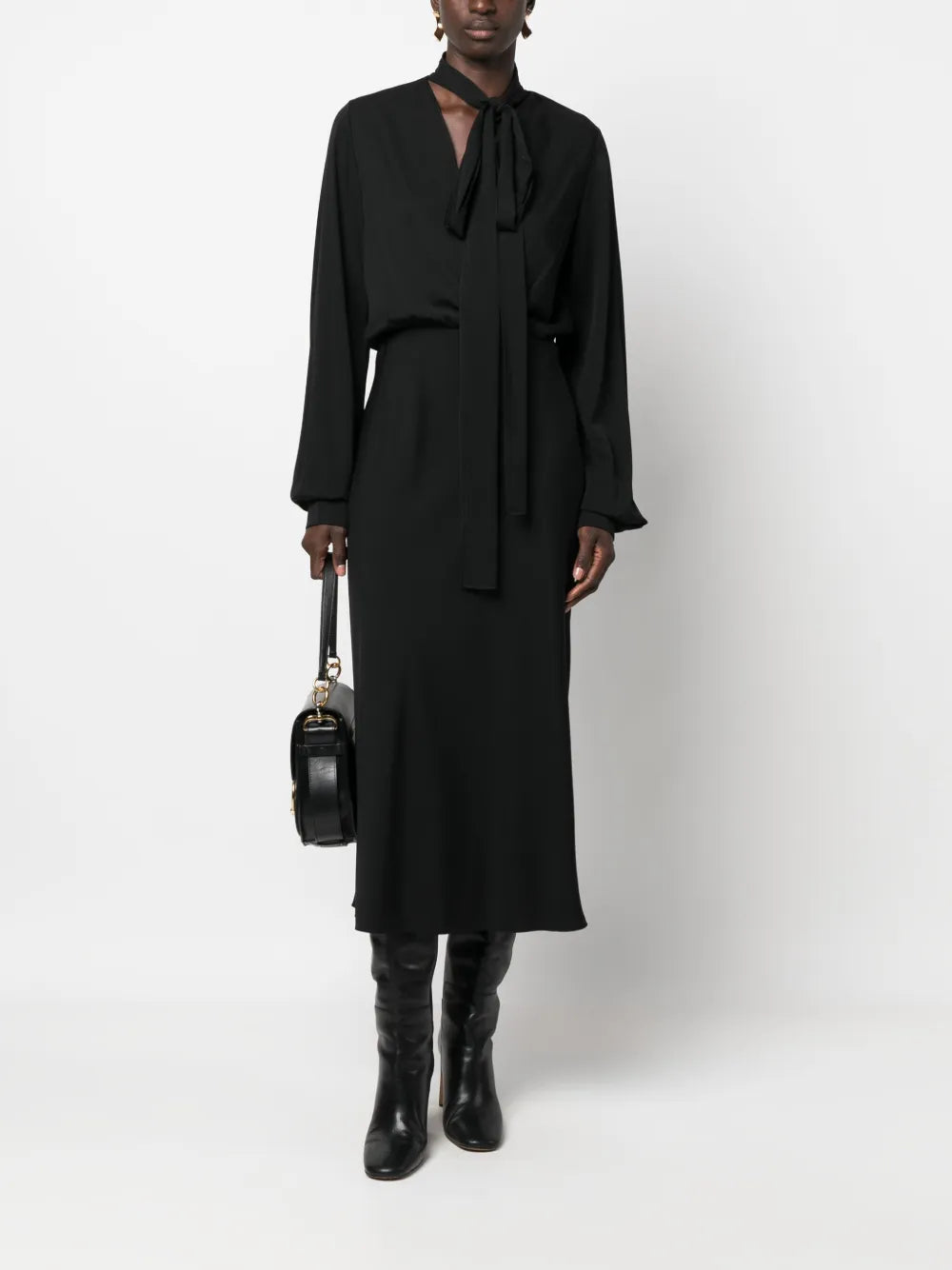 Attached-Scarf Silk-Blend Midi Dress