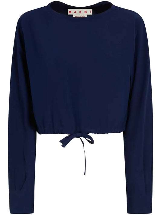 Drawstring-Hem Cropped Silk Blouse