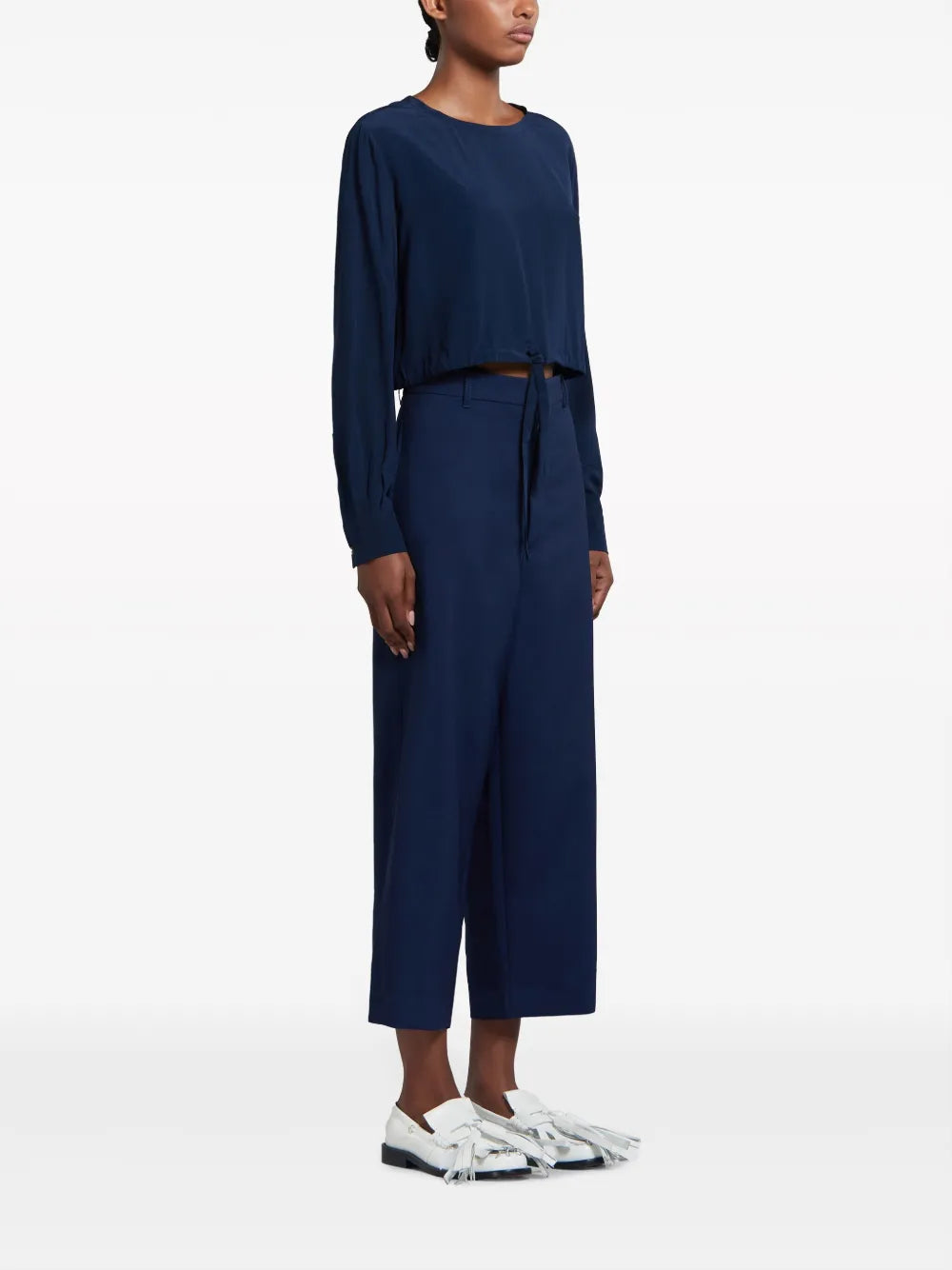 Drawstring-Hem Cropped Silk Blouse