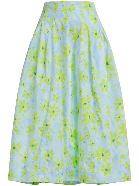 A-Line Floral-Print Cotton Midi Skirt