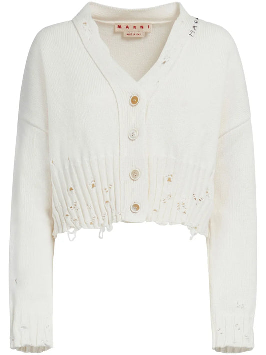Logo-Embroidered Distressed Cardigan