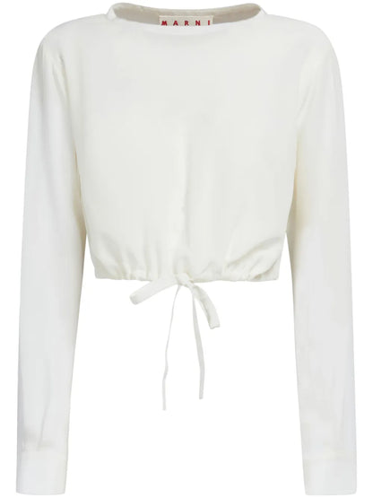 Drawstring-Hem Cropped Silk Blouse