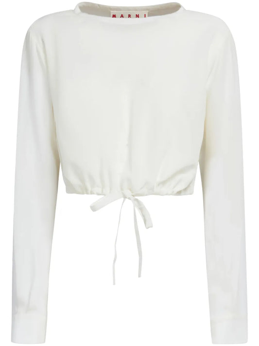 Drawstring-Hem Cropped Silk Blouse