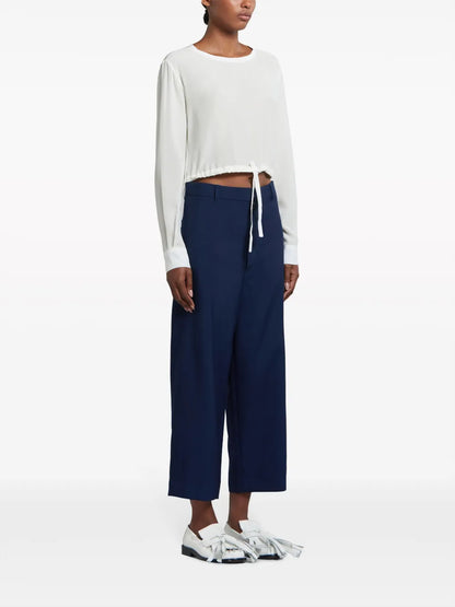 Drawstring-Hem Cropped Silk Blouse