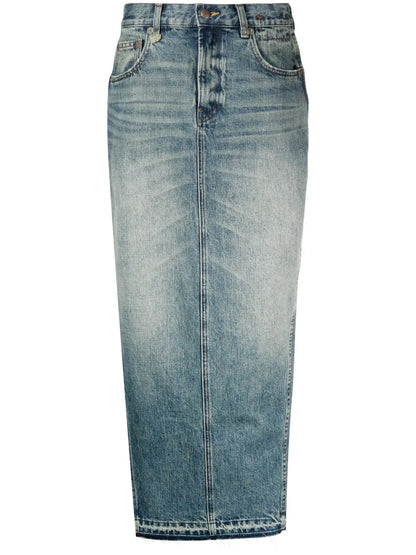 Side-Slit Denim Midi Skirt